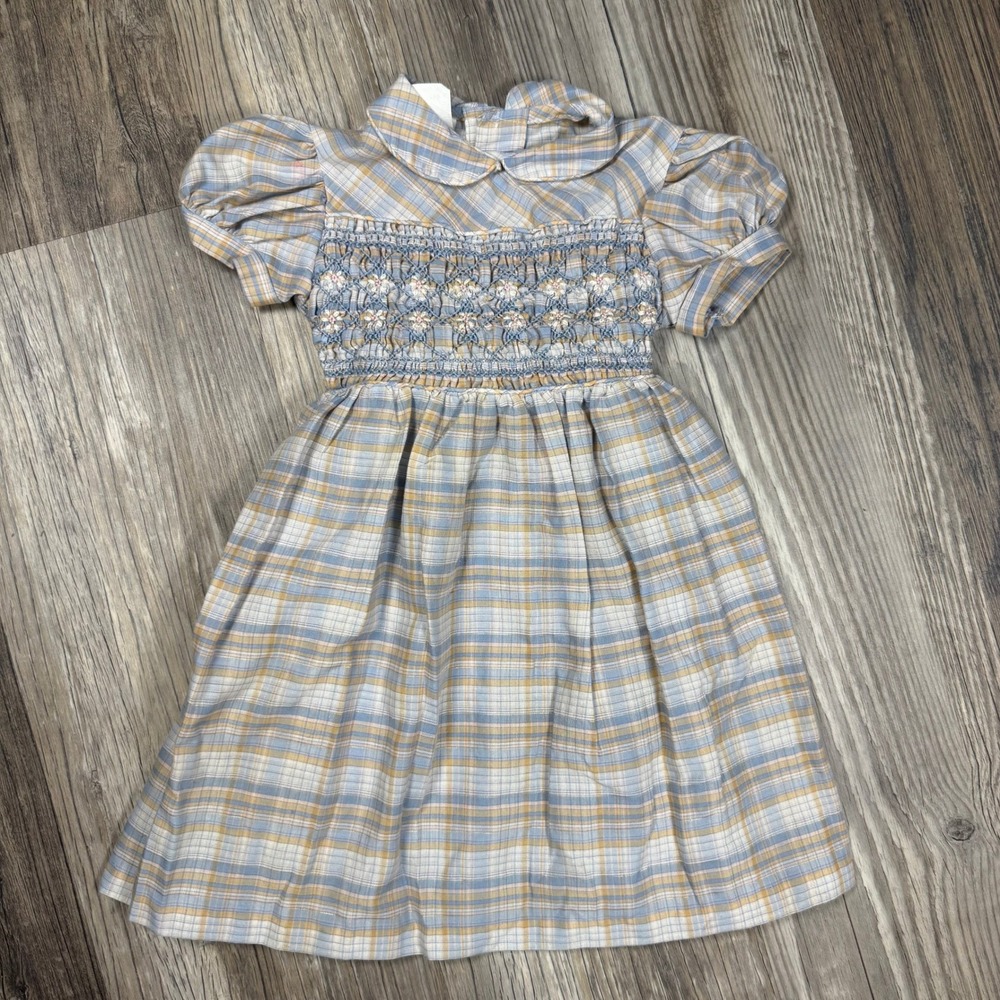 Polly‎ Flinders Vintage Hand Smocked Plaid Dress Toddler 4 Blue Yellow Metallic